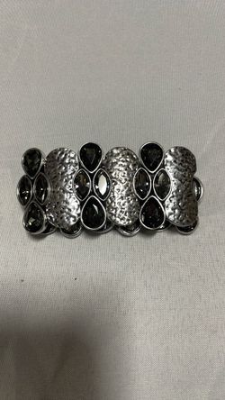 Silver Tone Wide Cuff Bracelet with Dark Stones