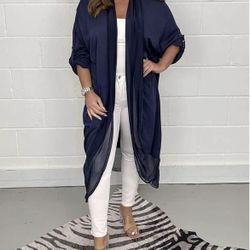 Silky Lightweight Loose V-neck Cardigan with Sheer Accents, Navy, 2X (14/16), NEW