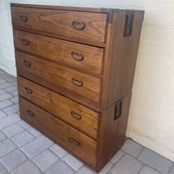 Vintage Antique Two Piece Japanese Tansu Stacking Chest of Drawers w/ Metal Accents