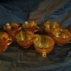 Seven Mix Match Punchbowl Glass Cup Amber Antique