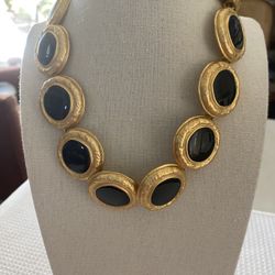 Vintage, goldtone and black stone necklace, 15-1/2” in length, 3rd pic backside