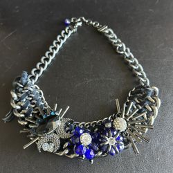 Artist Handmade "Blue Moon" Crystal-Rinestone-Leather-Metal Statement Necklace Pre Owned.