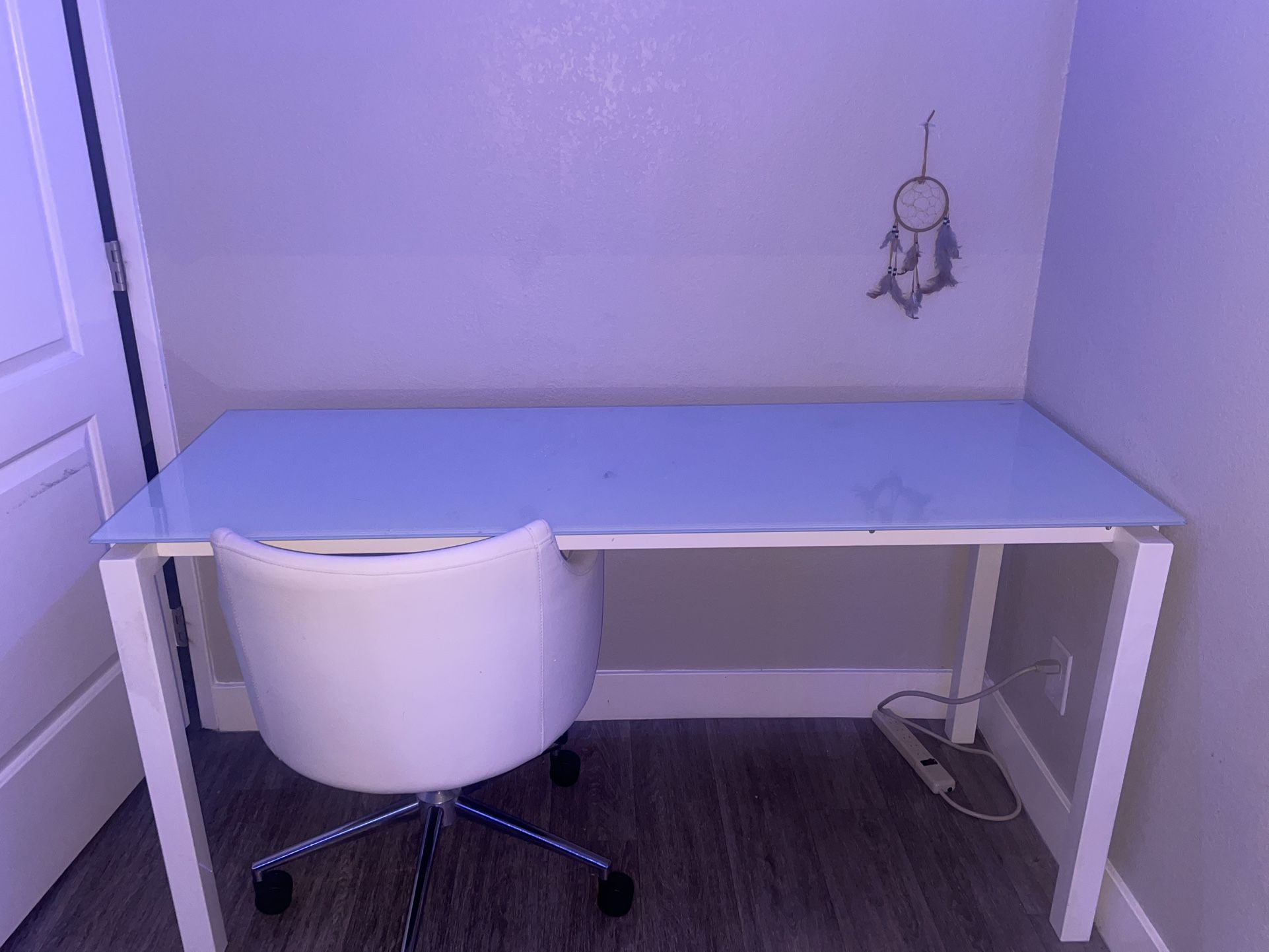 Glass Table and Leather Rolling Chair 