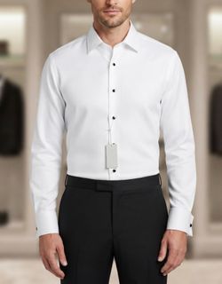 New Perry Ellis Portfolio Men's White Herringbone 100% Cotton tuxedo black button  Dress Shirt