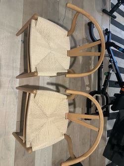 Set of 2 Wishbone Style Dining Chairs – Natural Wood & Woven Cord Seats