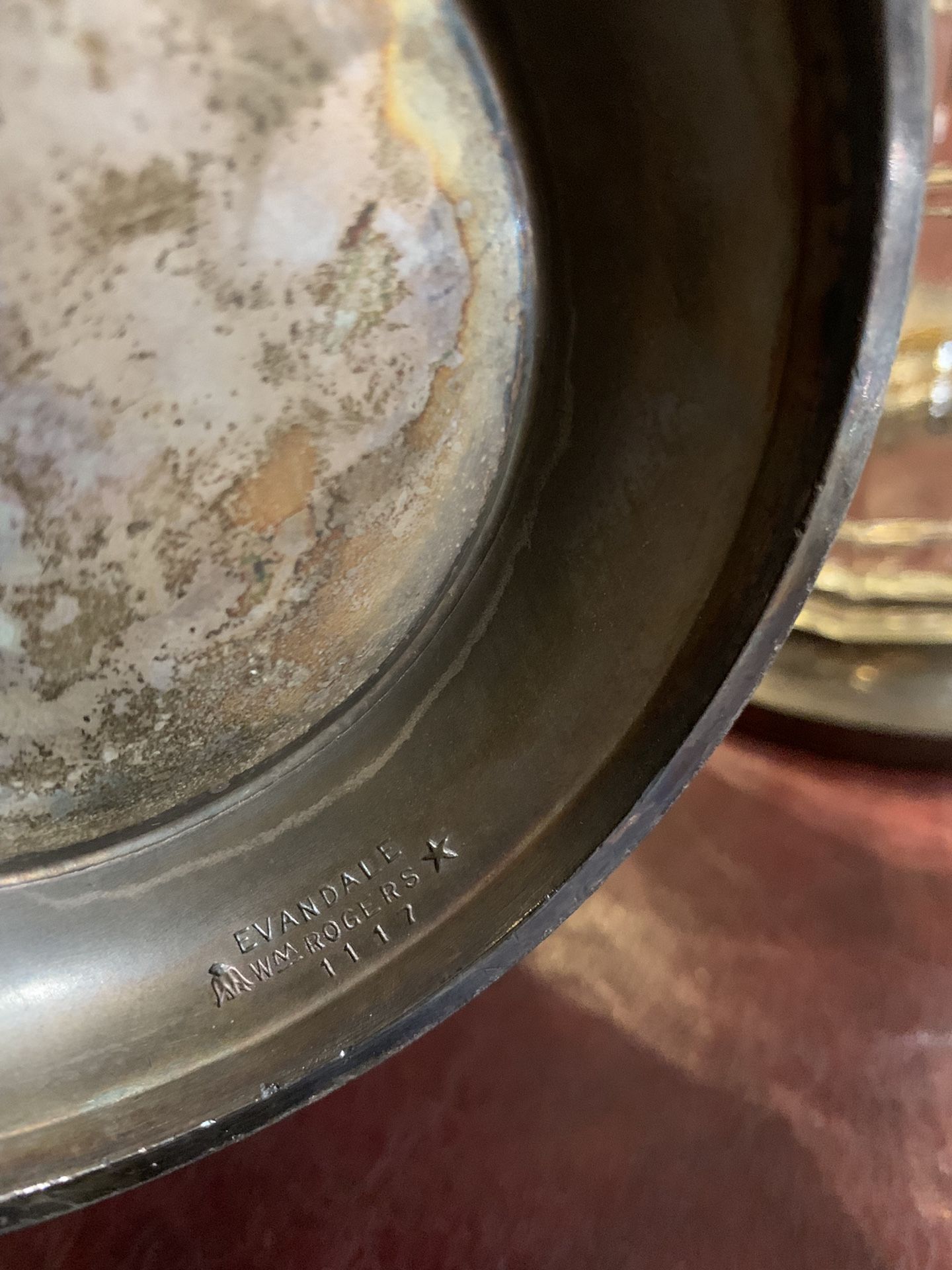 Fostoria 7 Crystal Trays, 8 Silver Plated Plates, 1 Silver Plated Fruit Bowl, (1 Silver Plated Pitcher Evandale WM Roger’s)