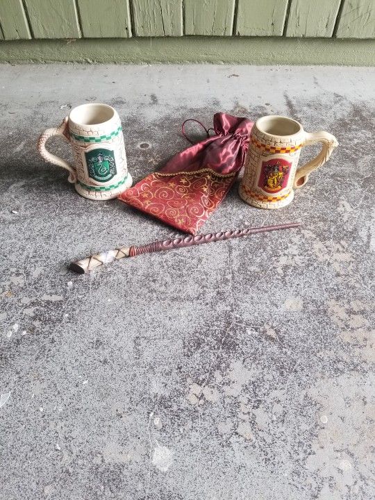 harry potter mugs and a wand