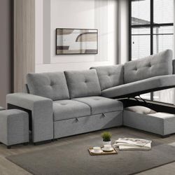 Sectional Sofa With Chaise And 2 Stools! Pull Out Chaise Converts To Sofa! 