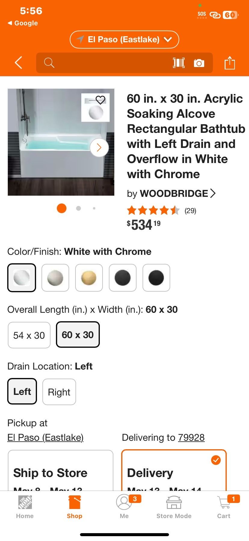 60 in. x 30 in. Acrylic Soaking Alcove Rectangular Bathtub with Left Drain and Overflow in White with Chrome by WOODBRIDGE