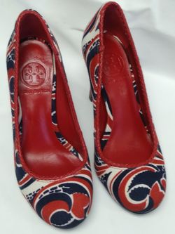 Tory Burch Red white blue canvas fabric heels Sz 6