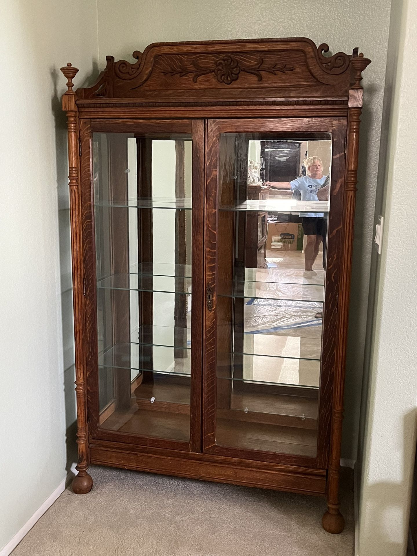 Antique oak glass curio caninet