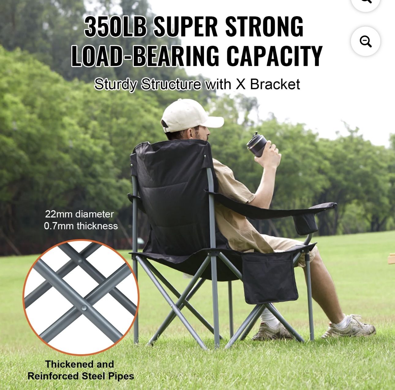 VEVOR Camping Folding Chair for Adults, Portable Heavy Duty Outdoor Quad Lumbar Back Padded Arm Chairs with Side Pockets, Cup Holder and Cooler Bag fo