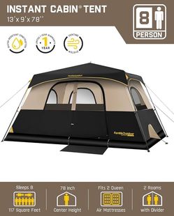 C292 $125  FanttikOutdoor 8Person Instant Tent for Camping Setup in 60s Camping Tent with Rainfly & Windproof, Portable Instant Cabin Tent with Carry 