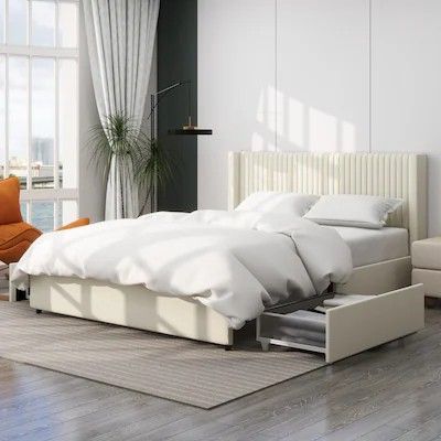 Cream / Ivory Queen Size Velvet Upholstered Wingback Platform Bed with 2 Storage Drawers
