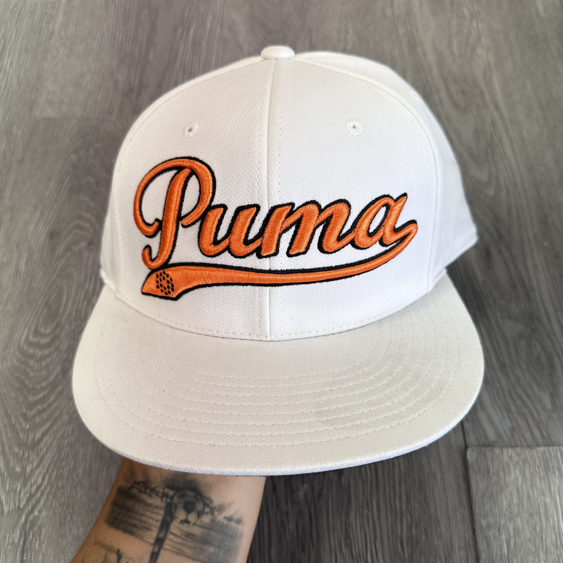 Puma 110 Snapback Golf Snap Back Hat Cap Flexfit Tech White Orange  Script Logo