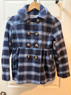 Girls blue checkered Pea Coat