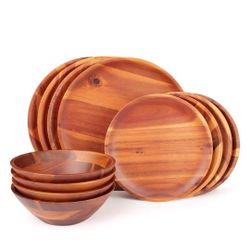🔥 BRAND NEW AIDEA 12-Piece Acacia Wood Dinnerware Set – Plates & Bowls for 4 – Eco-Friendly, Handcrafted

