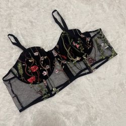 New 2x black sheer embroidered bustier lingerie boho festival floral crop top
