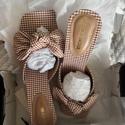 Gingham white/brown summer high heels women’s shoes Size 8