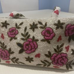 White Beaded Purse With Gorgeous Pink Rose Flowers