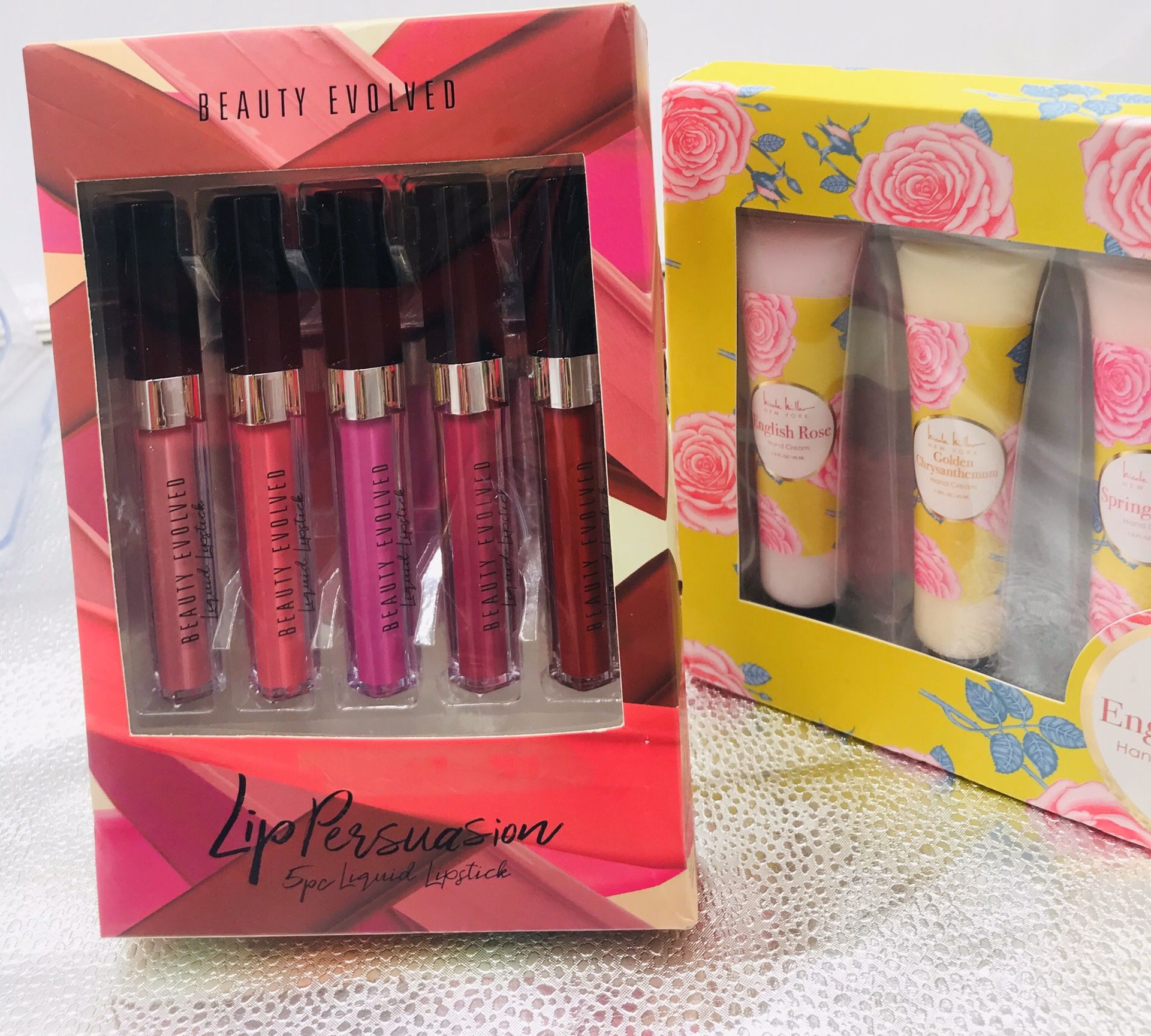 5 beauty evolve persuasion liquid lipsticks & Nicole Miller New York English garden hand cream set!