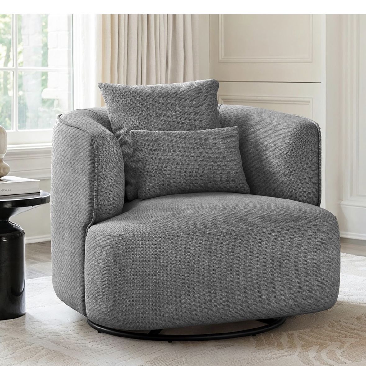 Swivel Barrel Accent Chair, Modern Upholstered Comfy Armchair with 2 Pillows & Removable Foam Seat Cushion, Single Sofa Chair for Living Room, Bedroom