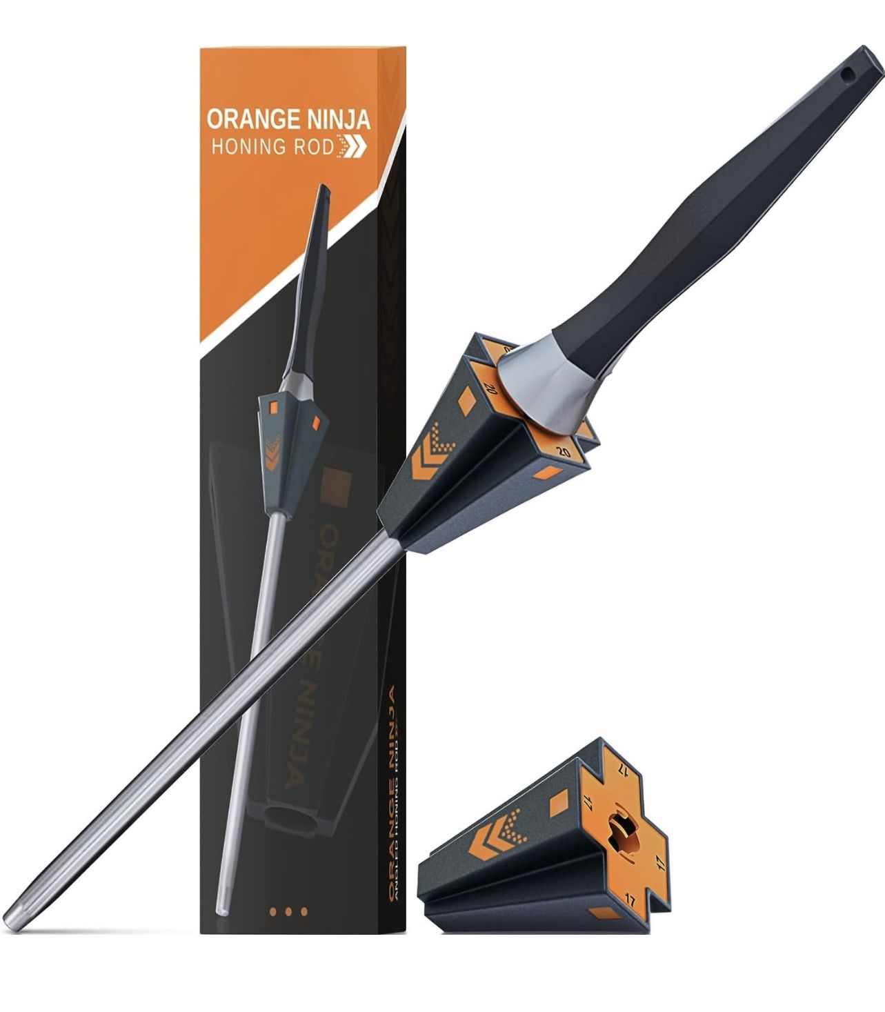 Orange Ninja Knife Honing Rod 10-inch with Adjustable Angle Guides 17° & 20°- Premium Quality Sharpening Steel Sharpener to keep Kitchen Knives Sharp