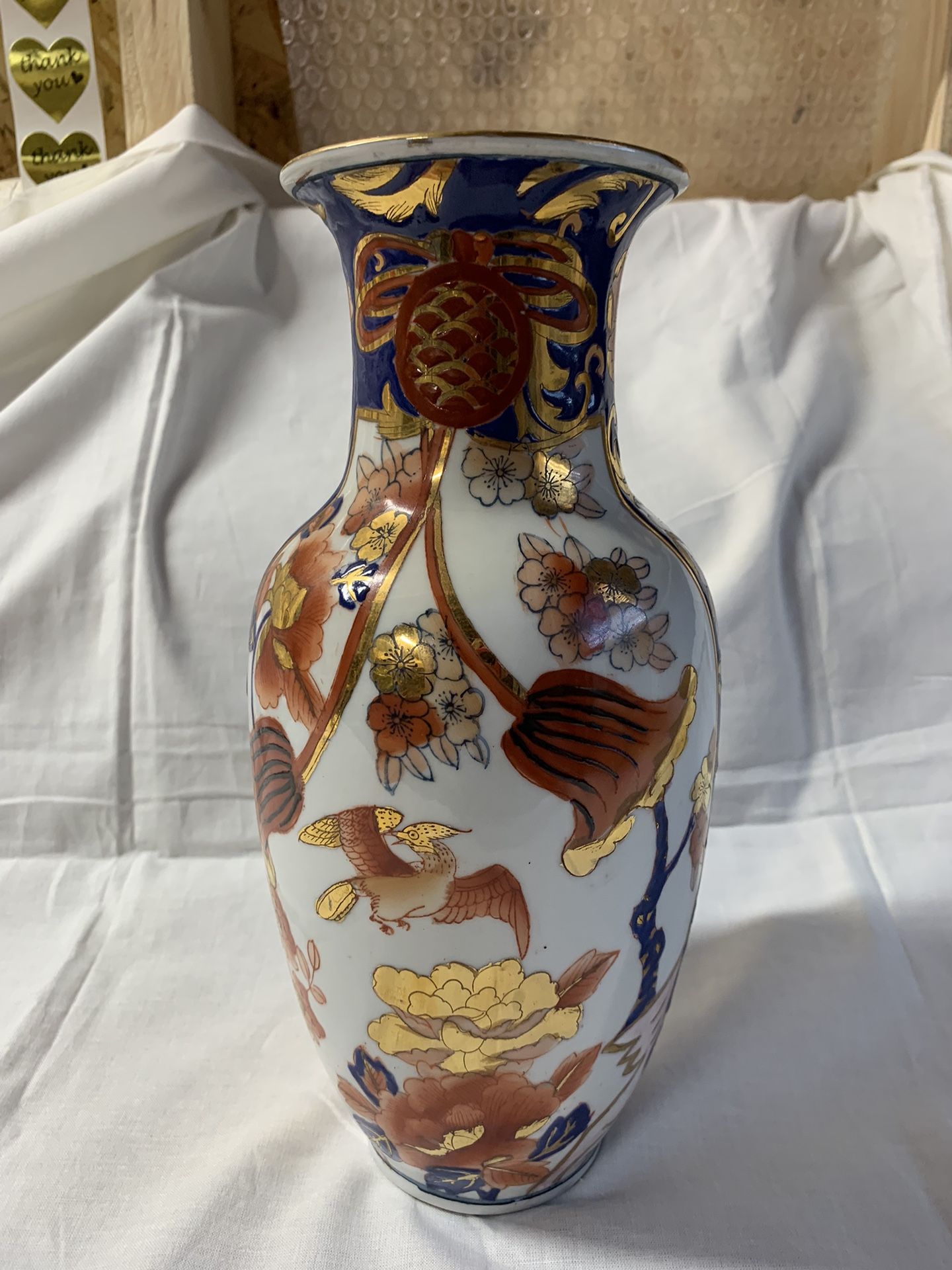 Antique 10.5” Japanese IMARI Porcelain Vase Brush Pot Jardiniere Gold Trim 