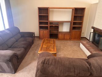 Oak Wood Entertainment Center Wall Unit With Sofas and Coffee Table
