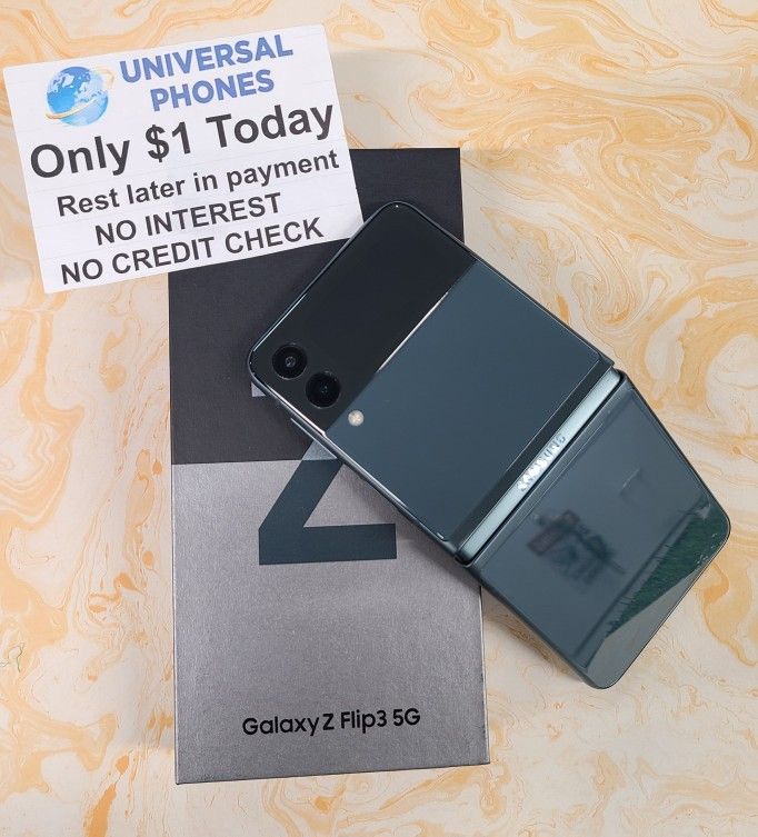 SAMSUNG GALAXY Z FLIP 3 5G UNLOCKED. FREE SMARTWACH/ HEADPHONES. PAY $1 TODAY REST IN PAYMENTS. NO CREDIT NEEDED FINANCING