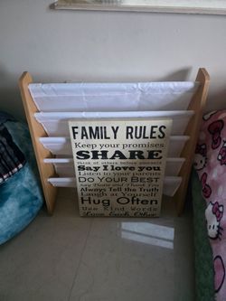 Children’s Book & Family Rules Wooden Sign Decor – Great Condition
