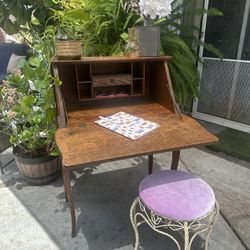Vintage Solid Oak Secretary Desk with Stool 