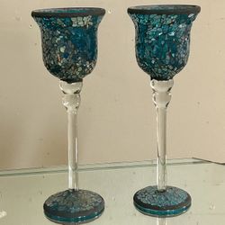 Teal Crackle Glass Candle Holders 10”