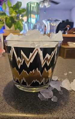 Vintage Glass Ice Bucket Black Gold Chevron