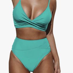 CUPSHE Turquoise  High-Waisted Twist Front Bikini Swimsuit Women’s Large NWOT