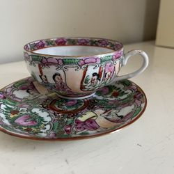 Vintage Eggshell Porcelain Tea Cup And Saucer Rose Medallion 