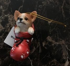 Chihuahua (can pass as Corgi too!) Puppy in Stocking Christmas Tree Ornament NEW in Box!