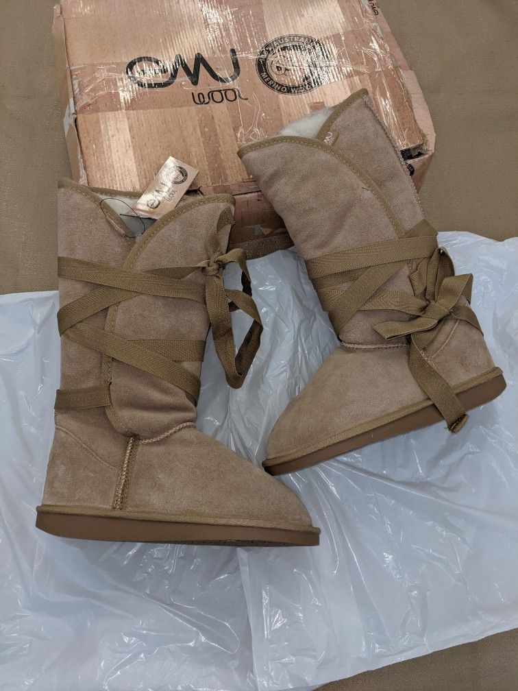Emu Ugg Australia Tall Sheeskin Merino Wool Lace Up Boots Wide Calf