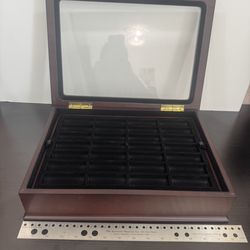 Wood Coin Display Storage Case W/ Glass Lid and Individual Slots Top and Bottom