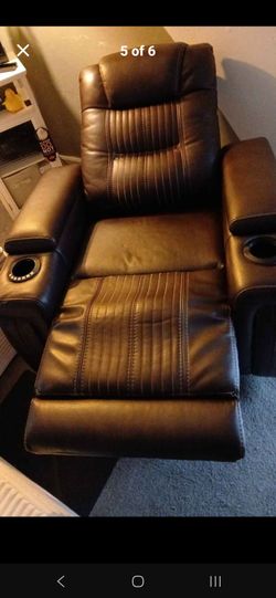 Brown leather electric chair recliner with USB adapter blue light gaming