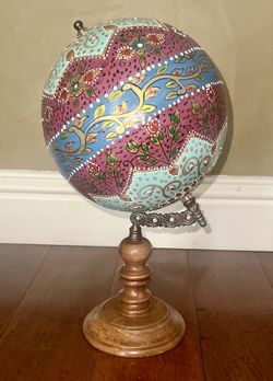 Unique Hand Painted Globe on Wooden Base Decorative Multicolored 14" Table Top