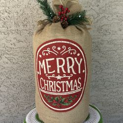 Merry Christmas Burlap Sack Holiday Home Decor Rustic Farmhouse 