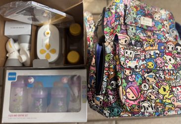 Tokidoki Jujube Diaper Bag + Medela Pump + MAM Feeding Bottles