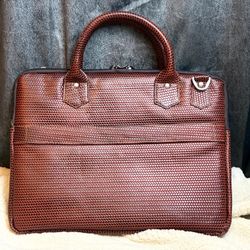 Wine Brown Woven Genuine Leather Briefcase Laptop Bag Top Handle w/ Shoulder Strap