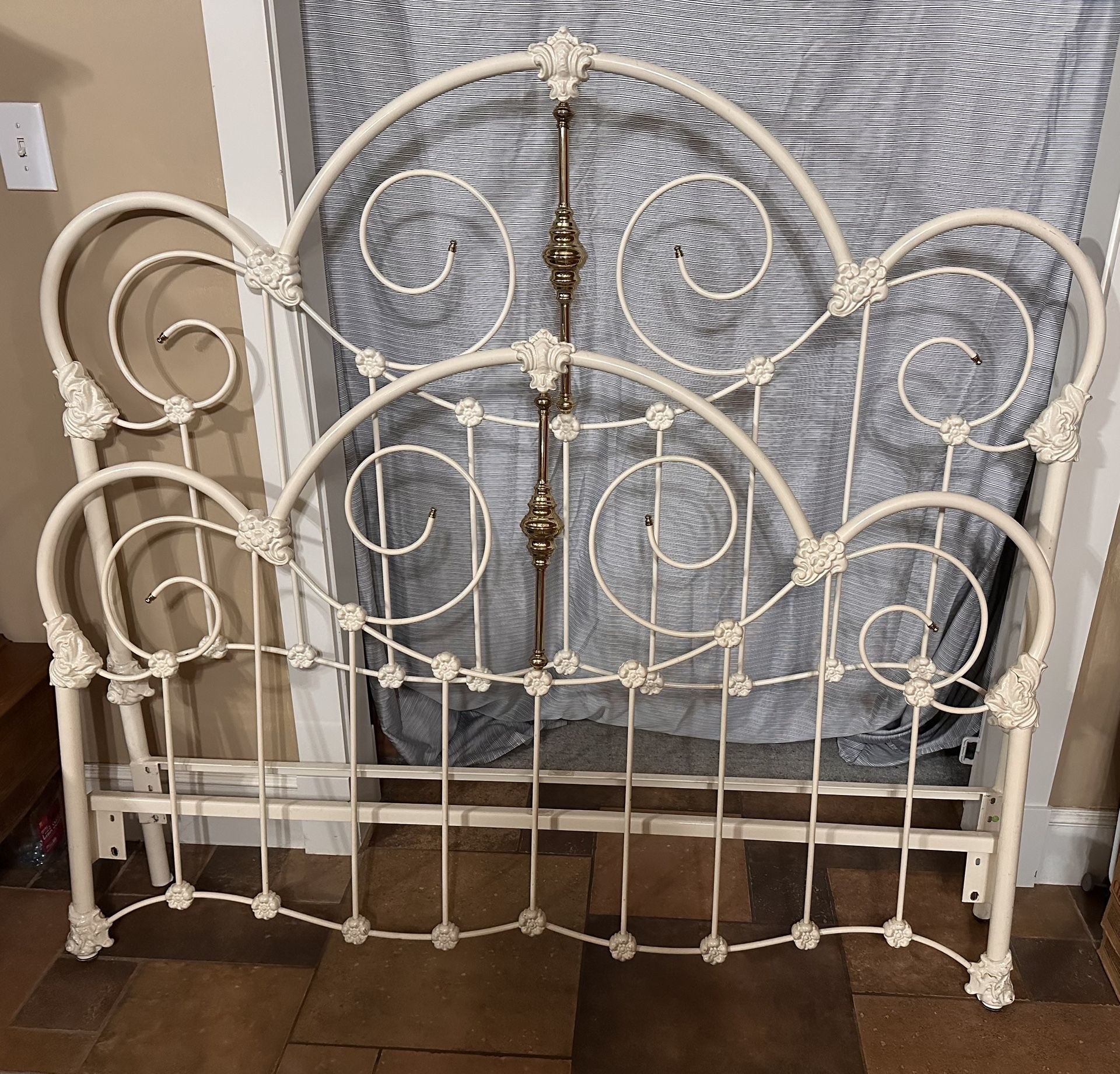 Vintage Queen Bed Frame: White Enameled Iron &Brass Headboard,Footboard And Rails