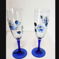 Wine Glasses Blue Stem -Hand Painted 