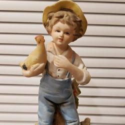Bisque Ceramic Figurine Boy with Chicken & basket of apples - Vintage farm Boy Figurine Decor gift