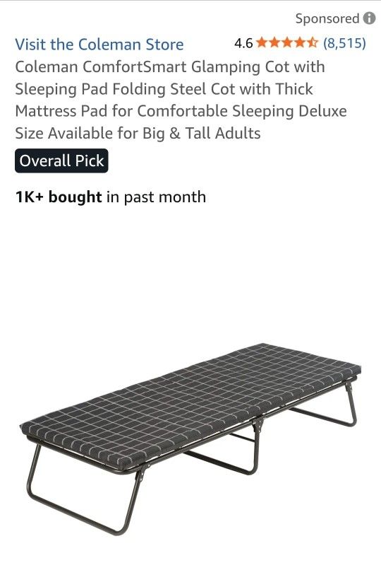 Coleman Cot with Sleeping Pad Folding Steel Cot 
