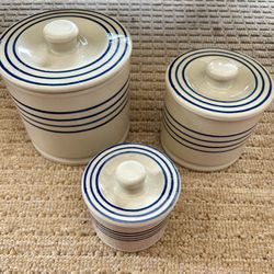 Set Of 3 Stoneware Lidded Crocks-Marked Americana General