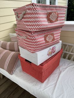 9 Coral pink storage organization baskets  -4 stackable  -2 rattan -2 fabric  - flip top